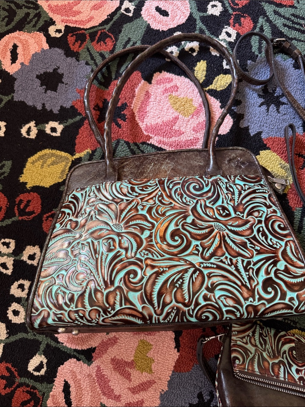 Set of three Patricia Nash Tooled Turquoise Brown Floral Leather Bags - Picture 2 of 12